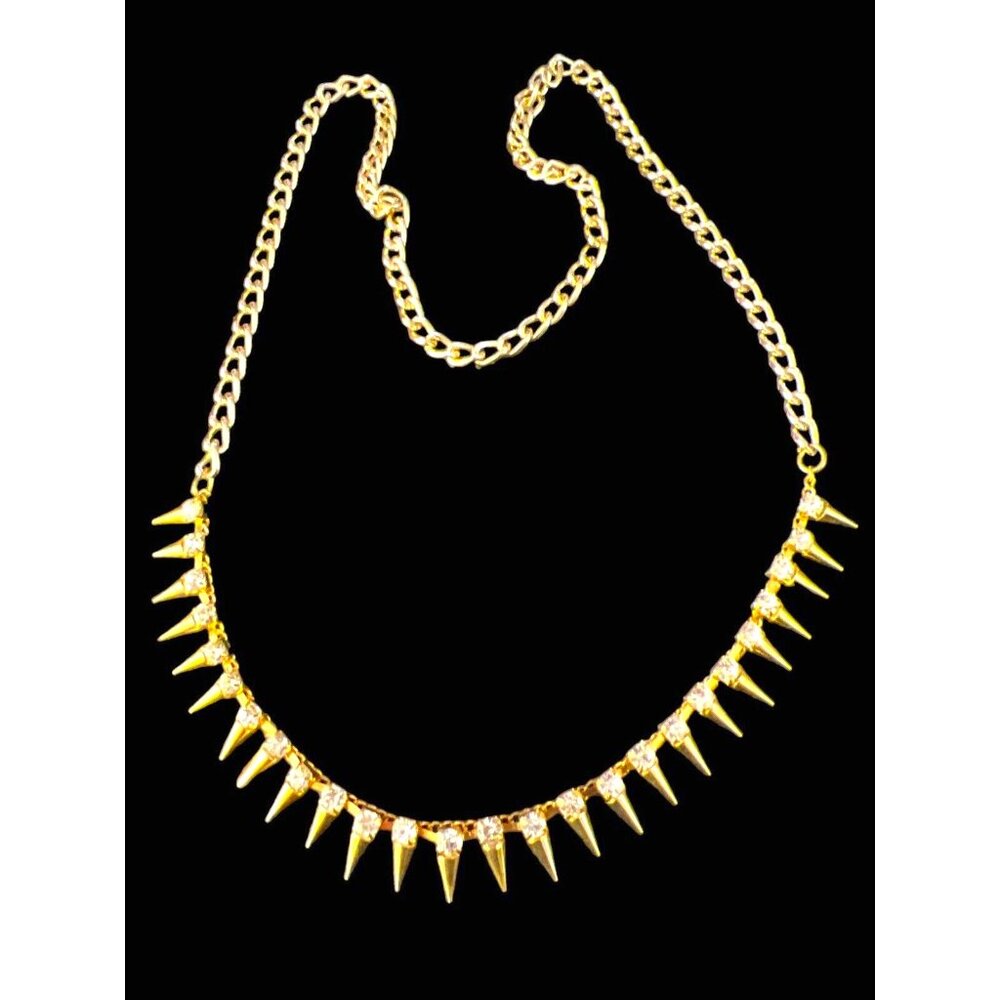 Shiny Gold Chain Collar Necklace w Faux Diamonds and Gold Spikes